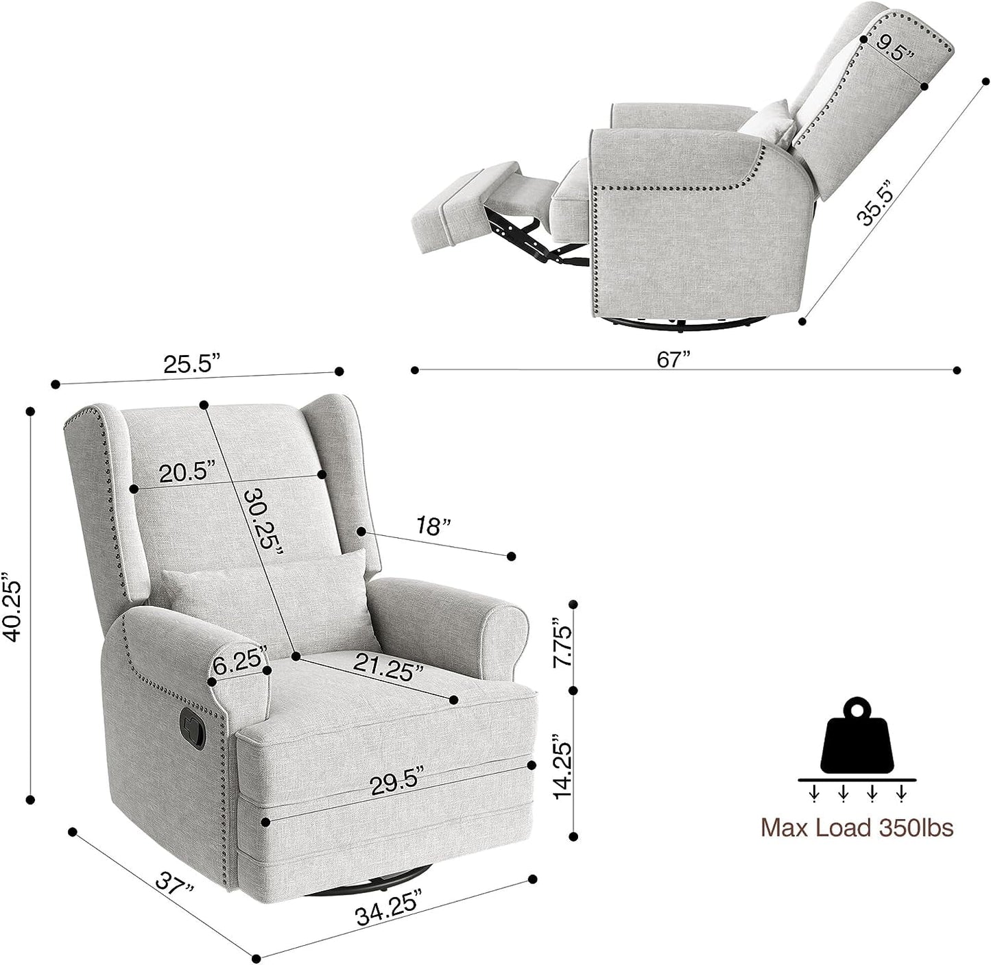 Swivel Recliner Glider Rocking Chair with Lumbar Pillow and Footrest, for Bedroom, Living Room, Brown