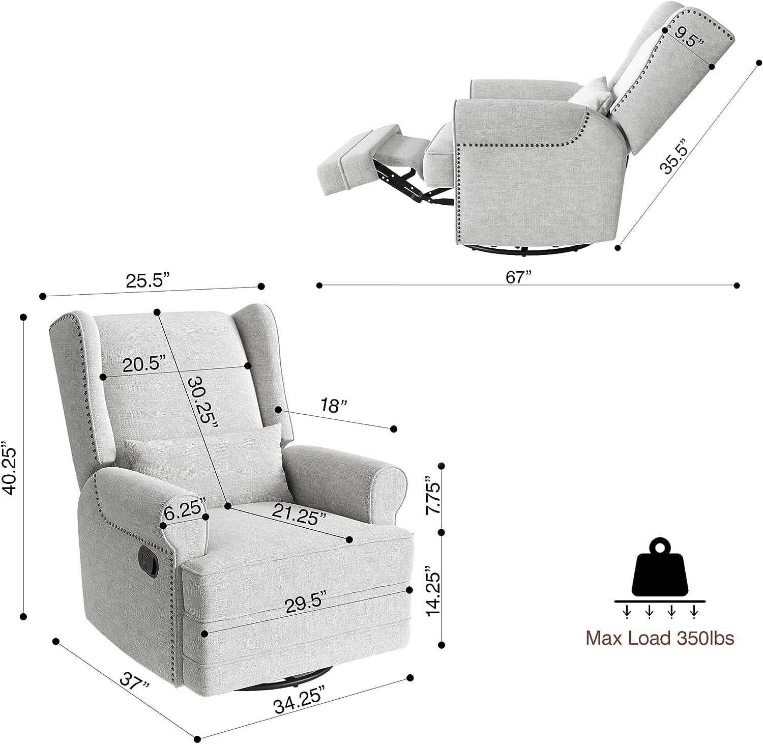 Swivel Recliner Glider Rocking Chair with Lumbar Pillow and Footrest, for Bedroom, Living Room, Brown
