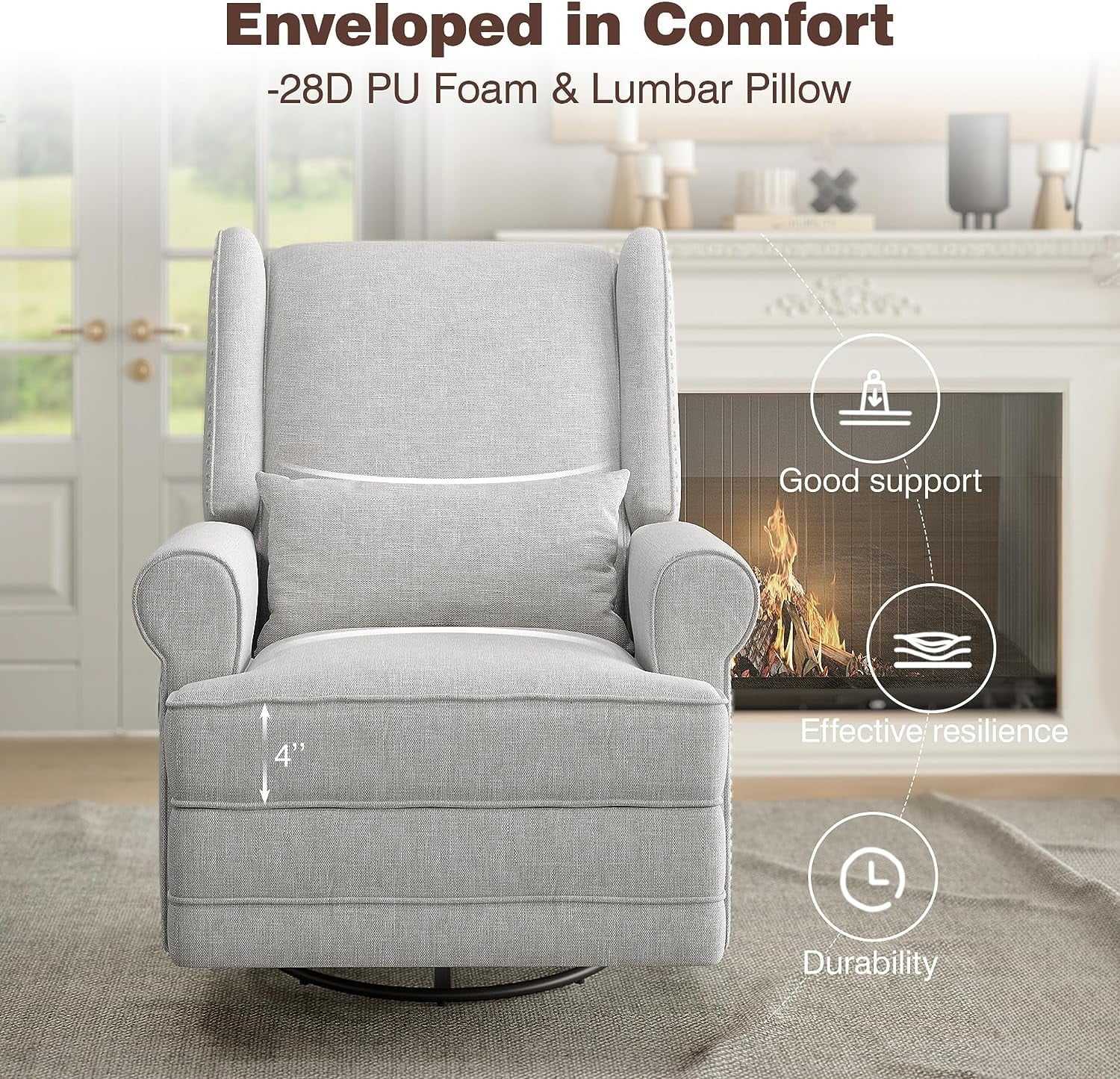 Swivel Recliner Glider Rocking Chair with Lumbar Pillow and Footrest, for Bedroom, Living Room, Brown